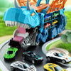 A dinosaur transport truck toy set featuring transforming die-cast cars and a large dinosaur model.