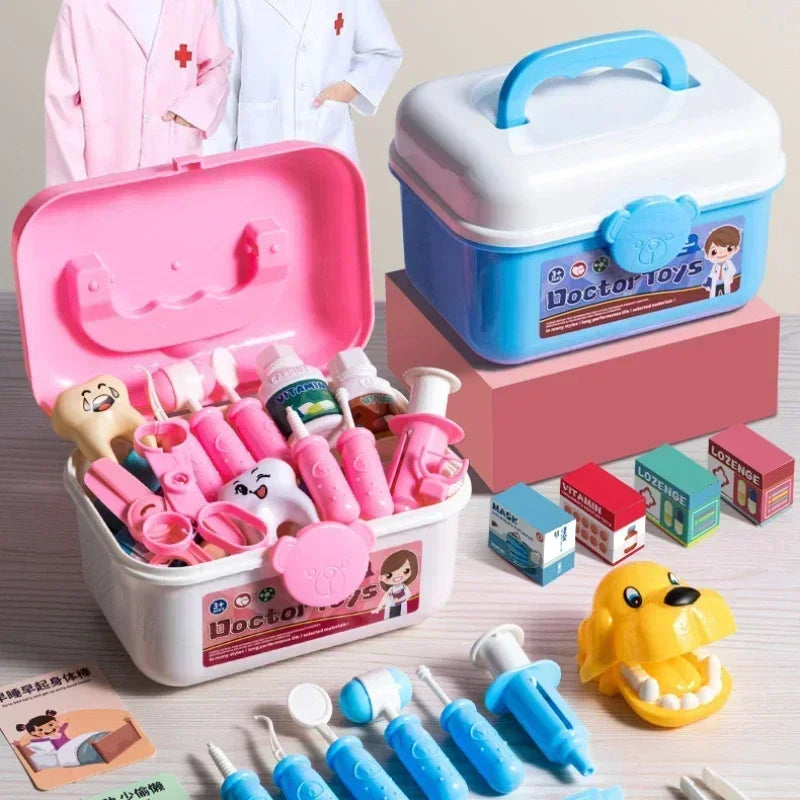 A pink and white kids doctor role play set with various medical tools and a blue storage box.