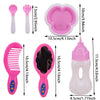 A set of pink and white doll feeding accessories including a silicone bowl, a pink comb, and a pink dropper.