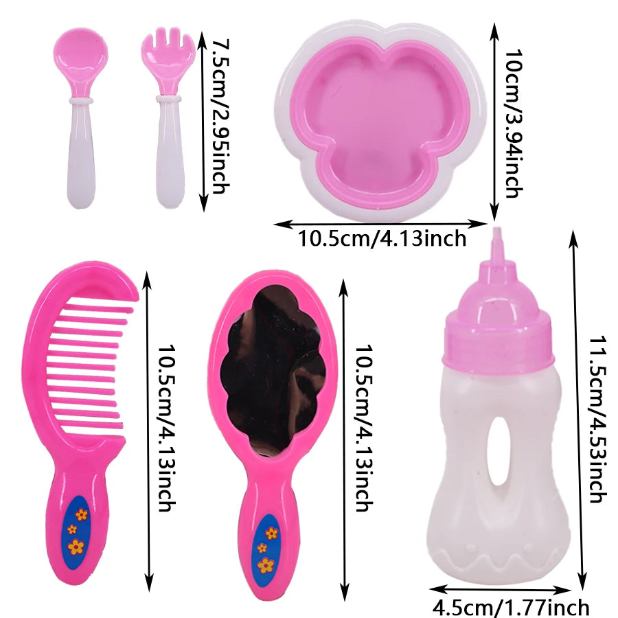 A set of pink and white doll feeding accessories including a silicone bowl, a pink comb, and a pink dropper.