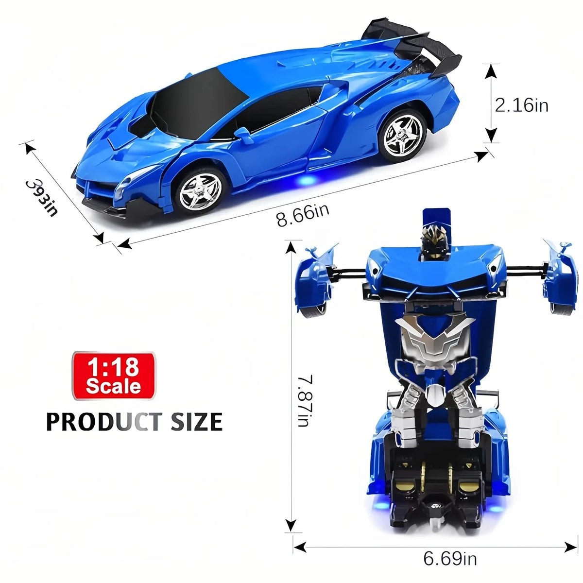 A blue 1:18 scale RC transforming robot car with a visible remote control unit and dimensions.