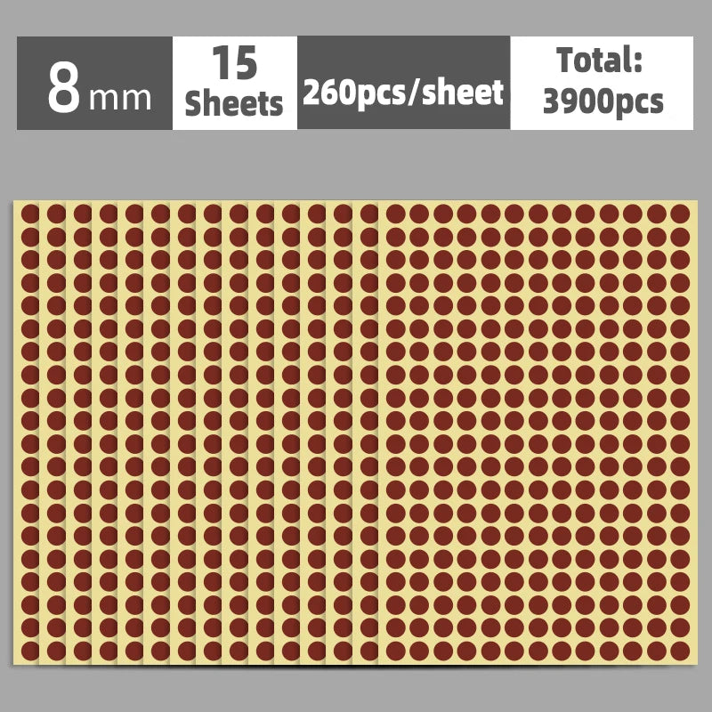 A sheet of round self-adhesive dot labels in a reddish-brown color, arranged in a grid pattern.