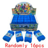 A box of My World building blocks featuring 16 blue plastic cubes and a figure set.
