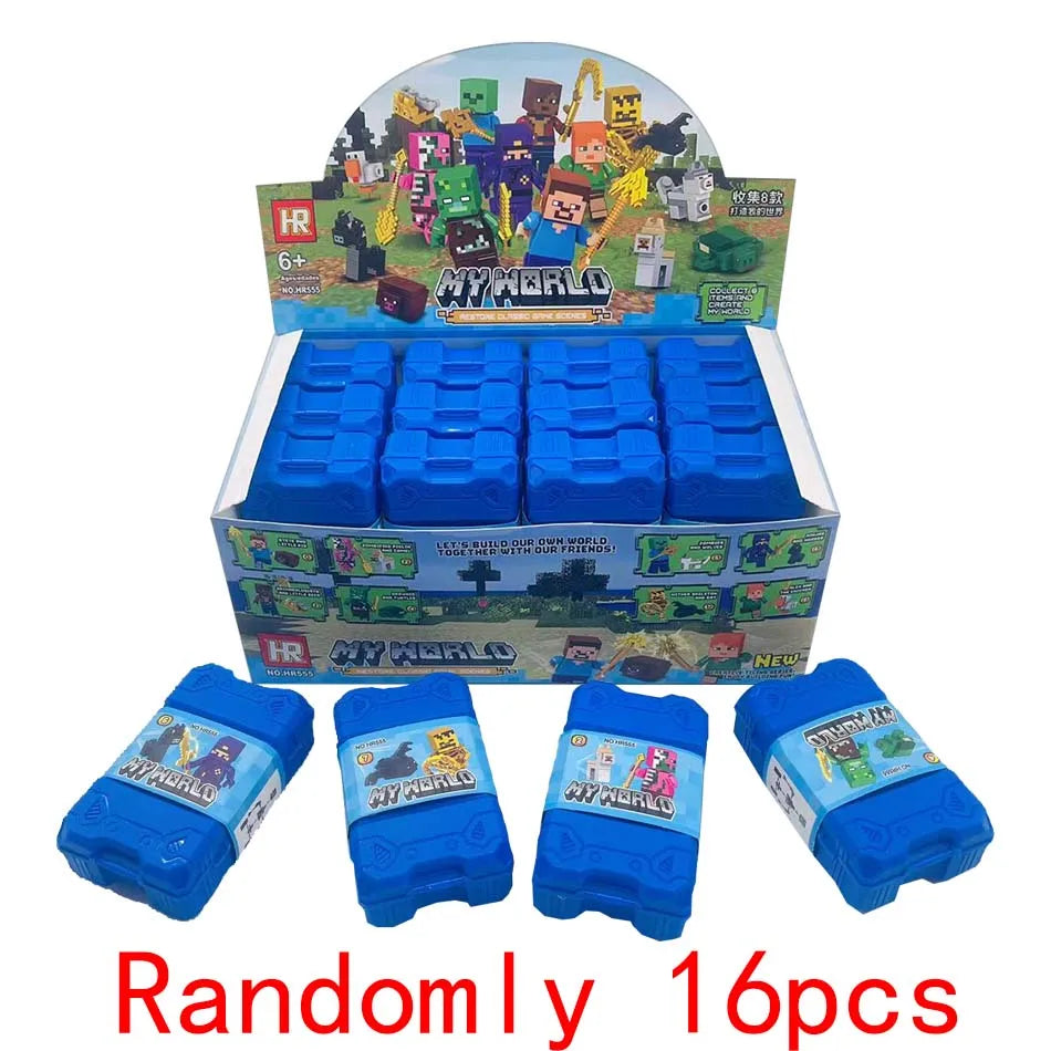A box of My World building blocks featuring 16 blue plastic cubes and a figure set.