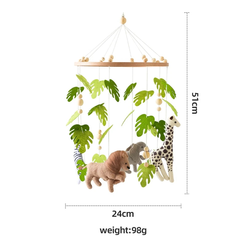 Wooden felt forest animal crib mobile featuring various animals and leaves suspended from a wooden frame