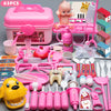 A pink kids doctor play set featuring various medical accessories like stethoscopes, syringes, and toy doctor figures.