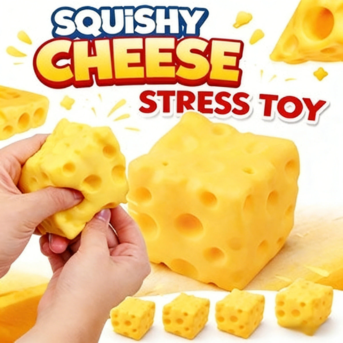 A yellow squishy cheese stress toy is being squeezed by a hand, with several small pieces scattered nearby.