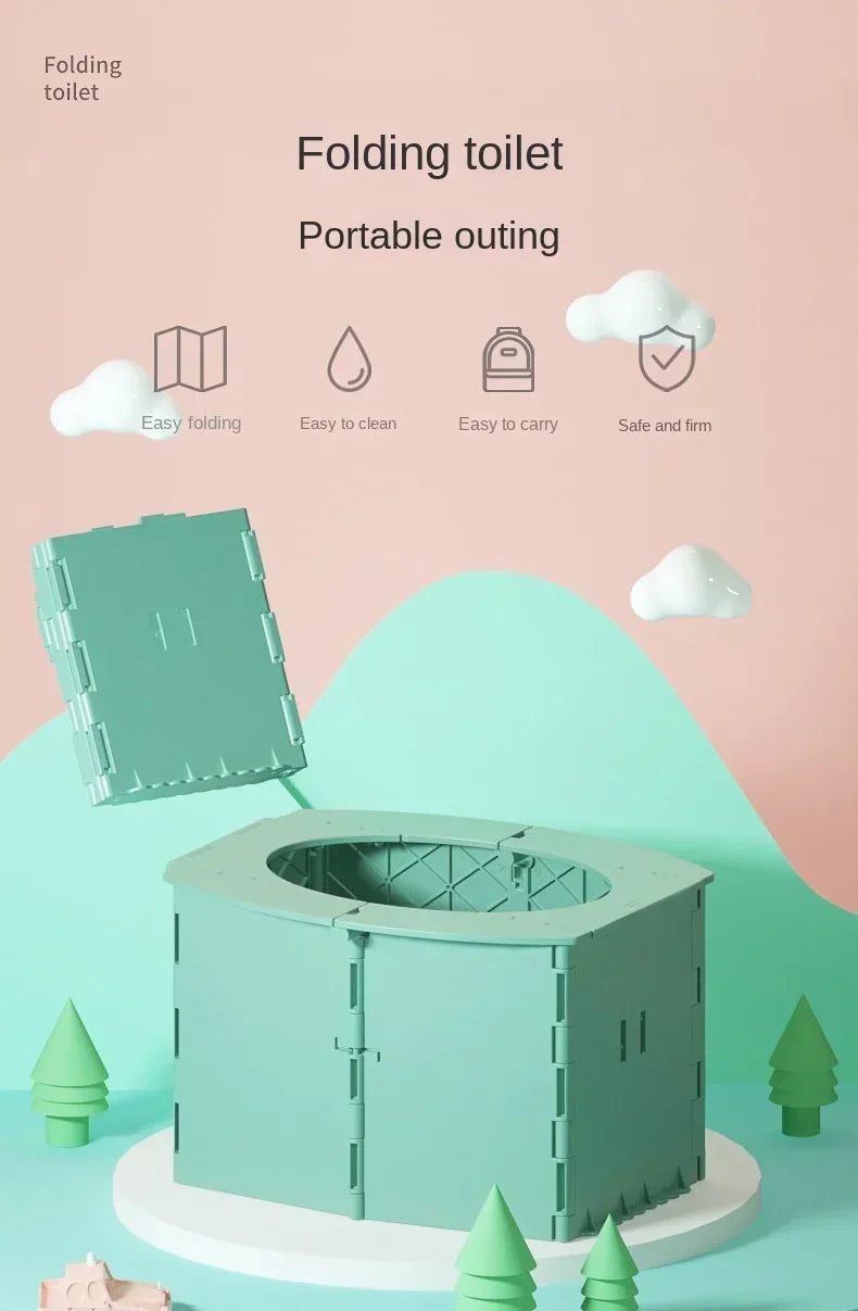 A light green folding toilet portable potty training seat displayed on a white stand.