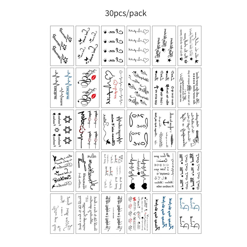 A pack of 30 temporary tattoos featuring various designs for kids and adults.