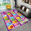 A colorful alphabet rug featuring cartoon letters and sounds for kids in a playroom setting.
