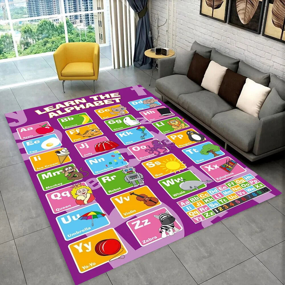A colorful alphabet rug featuring cartoon letters and sounds for kids in a playroom setting.