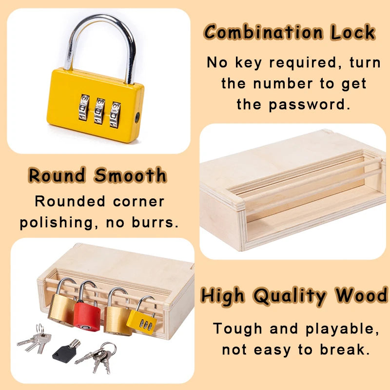 A set of wooden combination locks and keys used as a Montessori toy for children.