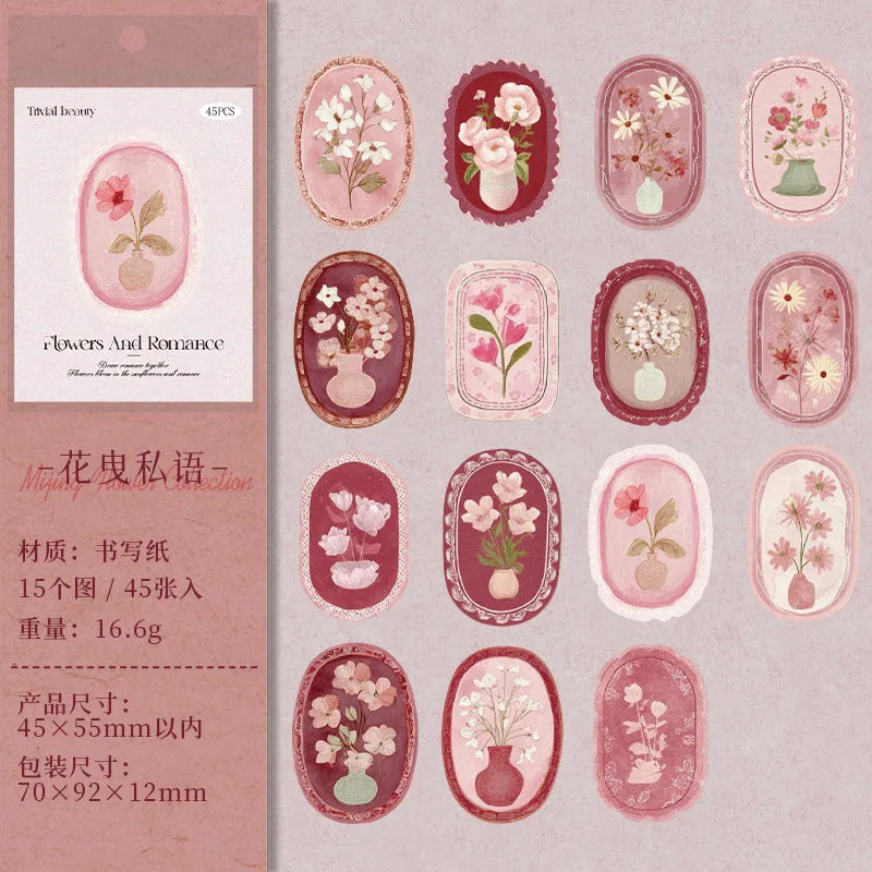 A collection of vintage floral stickers in various shades of pink and green for scrapbooking and journaling