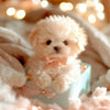 A fluffy, light pink plush robot puppy with soft fur is resting in a pale blue box surrounded by pink fabric.