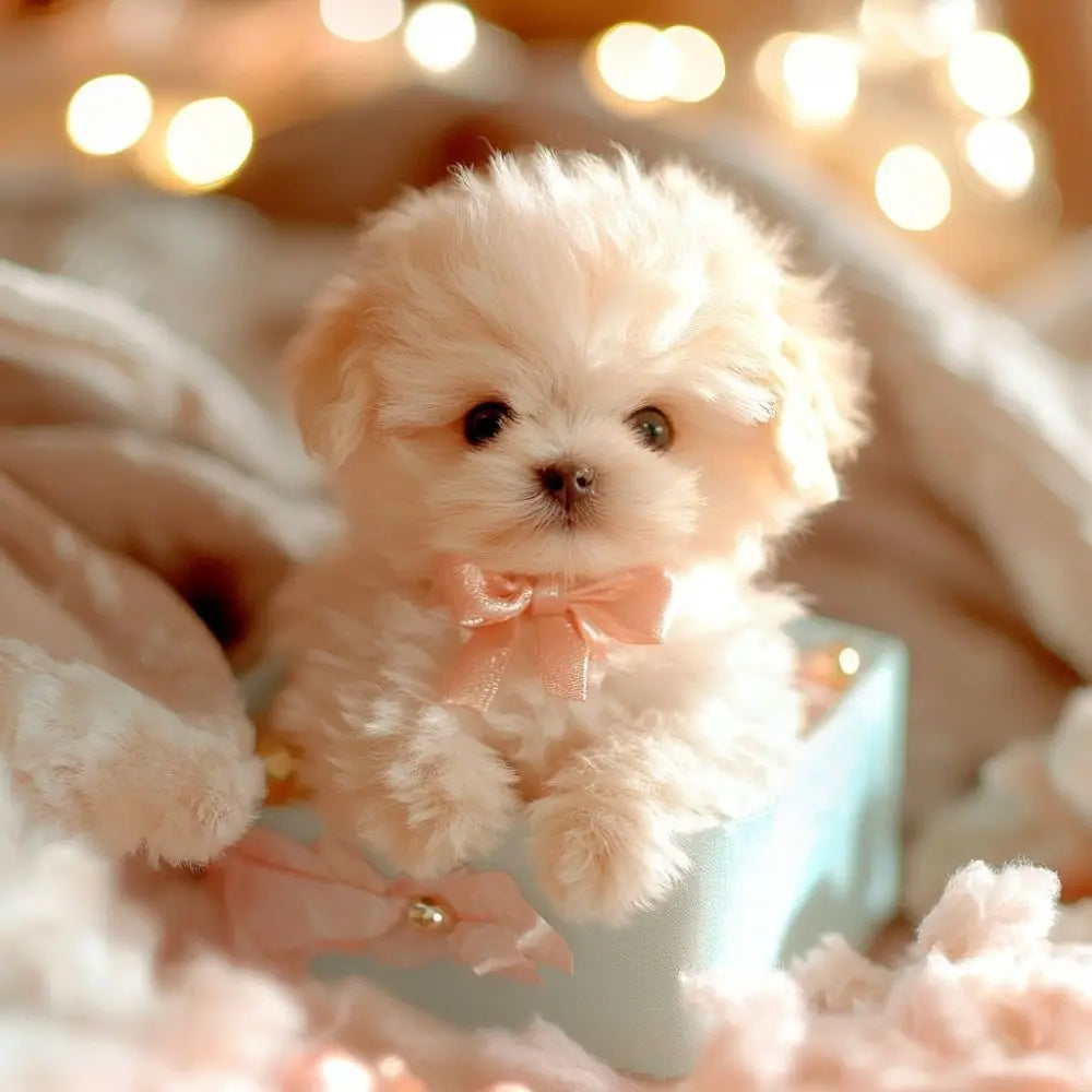 A fluffy, light pink plush robot puppy with soft fur is resting in a pale blue box surrounded by pink fabric.