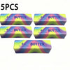 Five colorful butter sticks with salt seasoning are displayed against a white background.