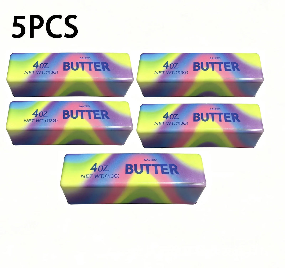 Five colorful butter sticks with salt seasoning are displayed against a white background.