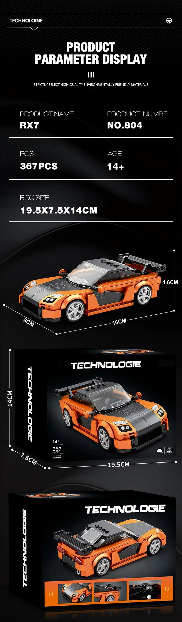An orange and black RX7 sports car model kit displayed in various views showing its size and features.