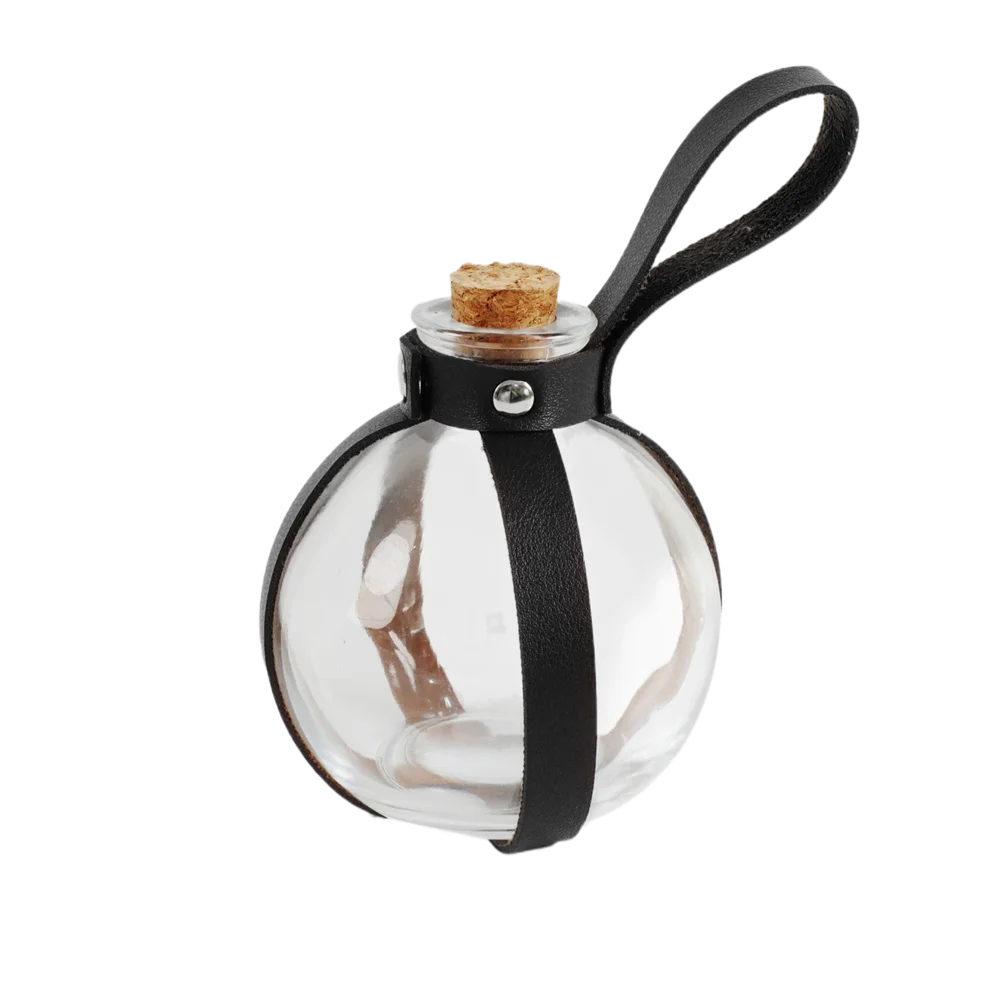 A clear glass potion bottle with a cork stopper and a black leather strap, suitable for cosplay.