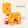 An orange alphabet robot toy set featuring the letter G and a Triceratops figure.
