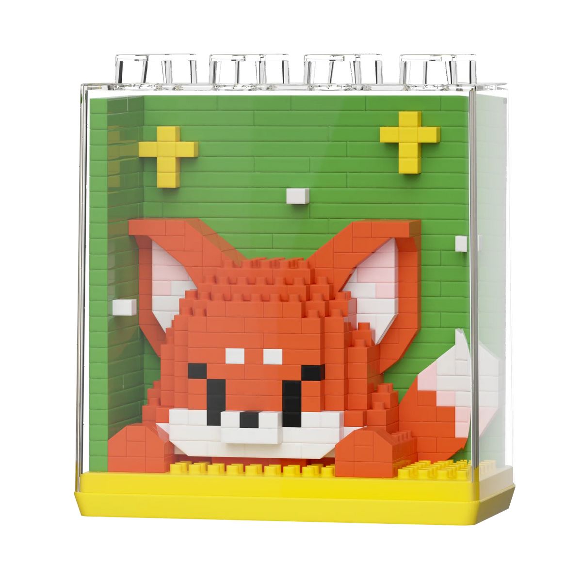 A display box of adorable panda micro building blocks featuring an orange fox figure on a green background.