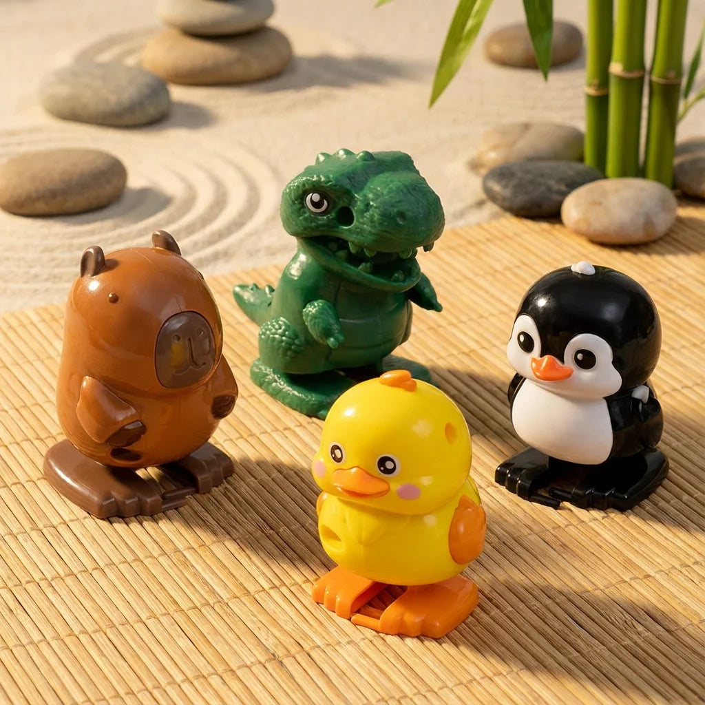 A collection of wind-up bouncing animal toys including a brown hedgehog, green frog, yellow chick, and black penguin, set on 