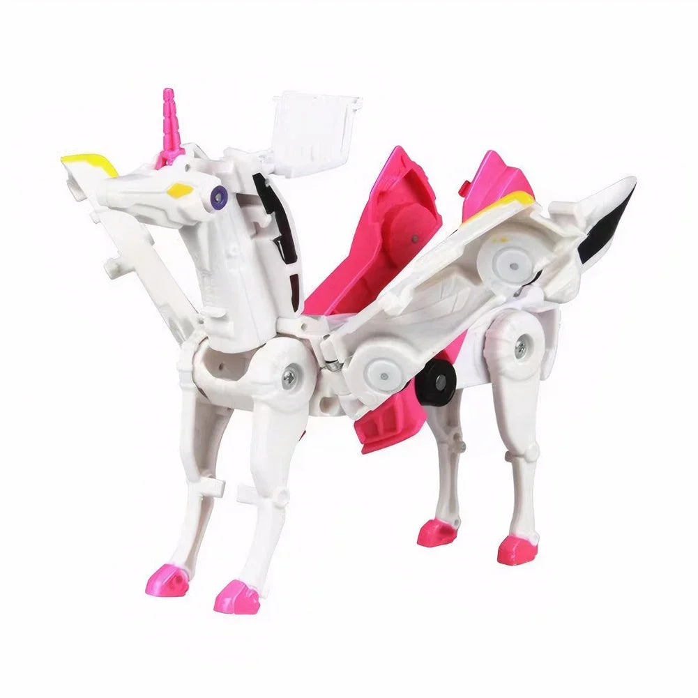 A white and pink transforming unicorn car set featuring a horse-like figure.
