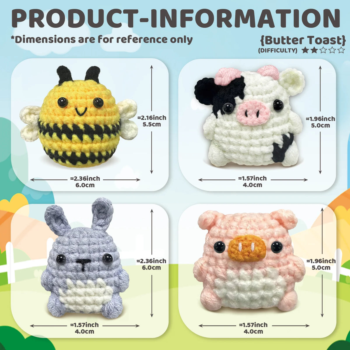 Kit de crochet montrant trois animaux amigurumis : une abeille, un porc et un lapin.