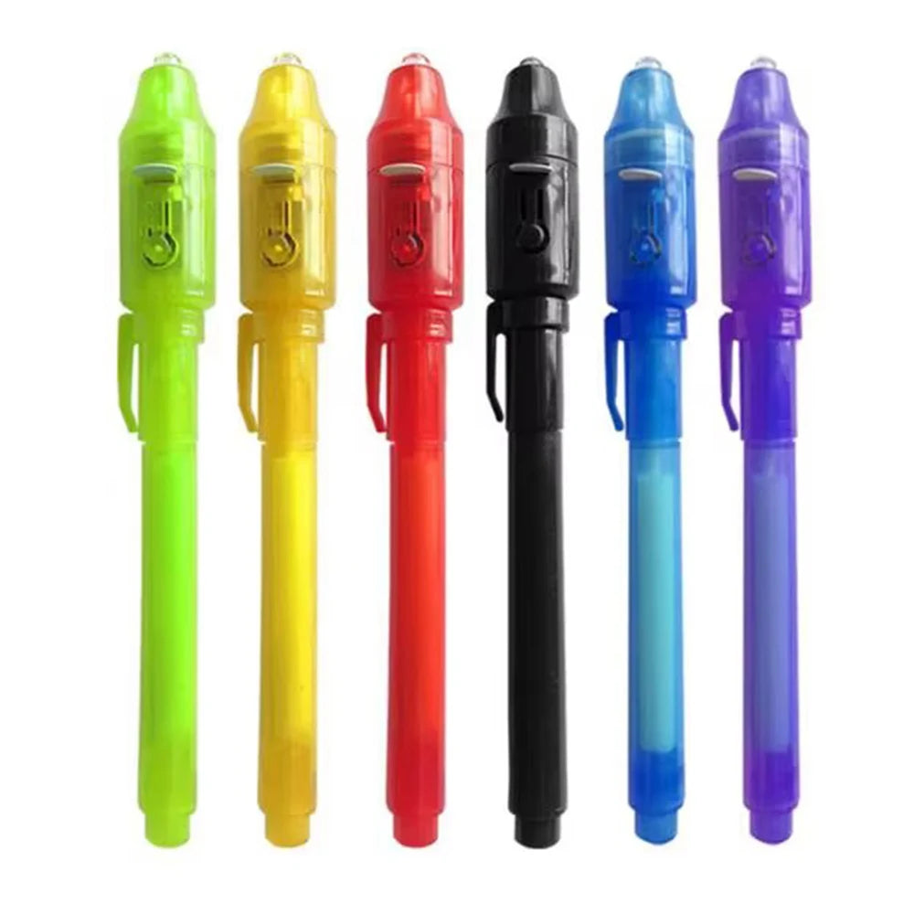 A set of five invisible ink spy pens in various colors including green, yellow, red, and blue, designed for secret messages.