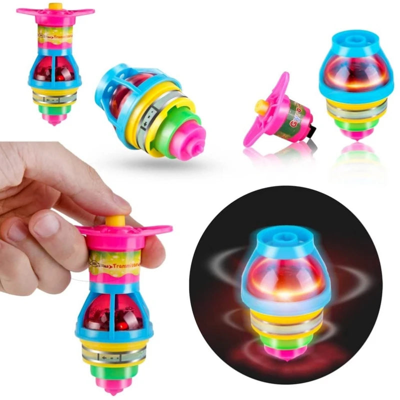 A hand holds a glowing spinning top toy with colorful LED lights, showing its design and illumination.