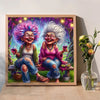 A vibrant painting of two elderly women smiling while sitting outdoors, suitable for a DIY diamond painting kit.
