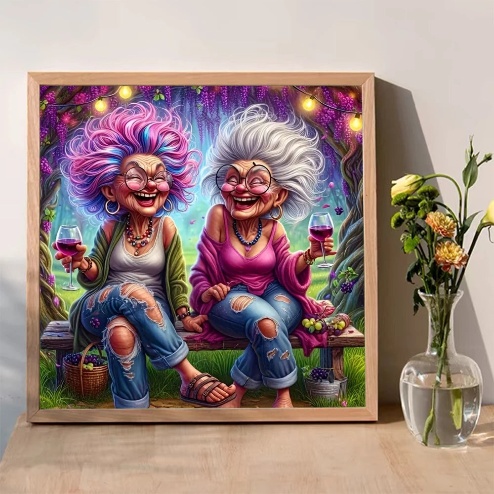 A vibrant painting of two elderly women smiling while sitting outdoors, suitable for a DIY diamond painting kit.