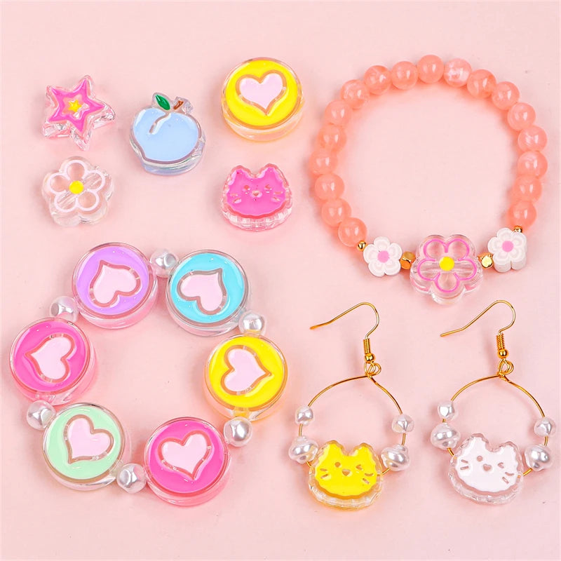 A collection of colorful enamel charm beads and gold-plated earrings for DIY jewelry making.
