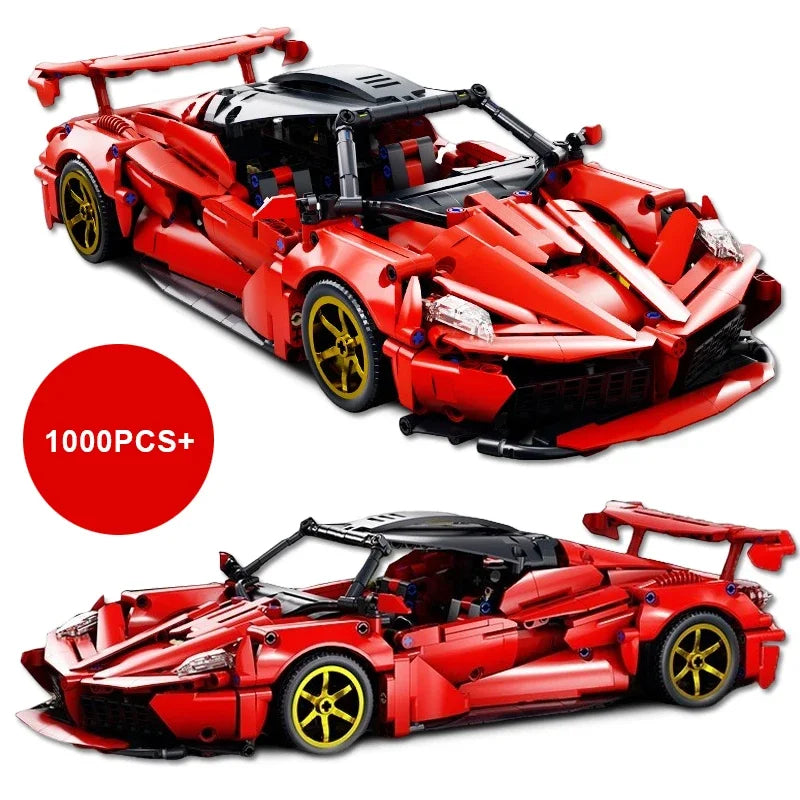 A detailed red hypercar building block model kit with black accents and yellow wheels.