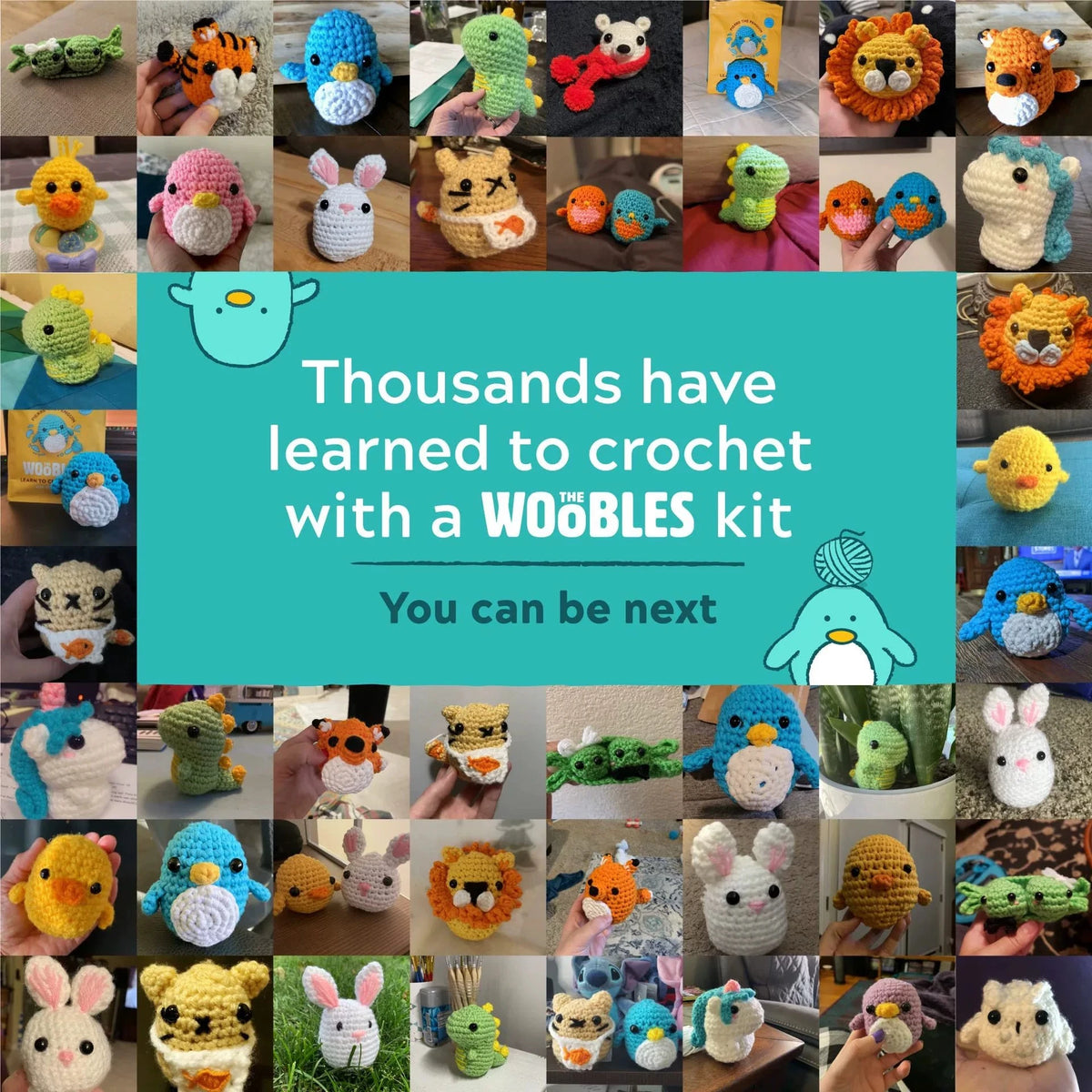 A collection of finished crochet animal toys made with a Woobles kit, featuring various animals like bears, birds, and mammal