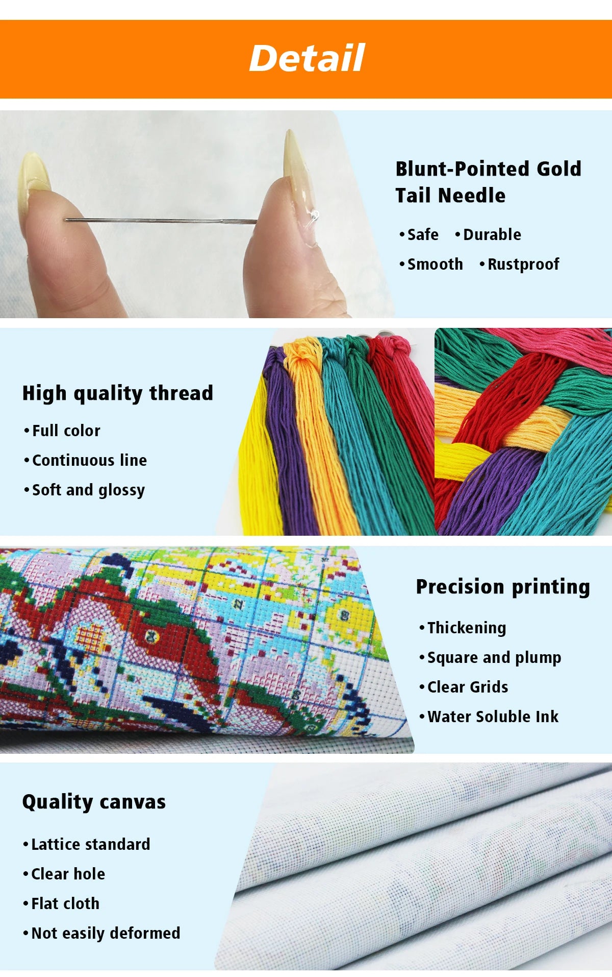 Detail shot of a blunt-pointed gold tail needle, high quality thread, precision printing, and quality canvas for cross stitch