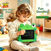 A young child is using a green LCD drawing tablet to doodle on a black board, demonstrating one-click erase functionality.