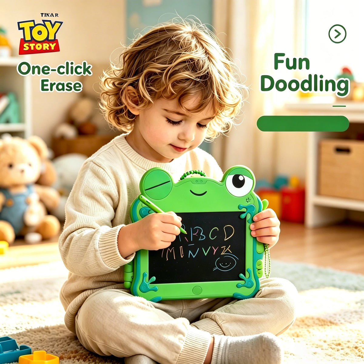 A young child is using a green LCD drawing tablet to doodle on a black board, demonstrating one-click erase functionality.
