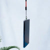 A dark blue smartphone is suspended by a red lanyard strap against a white background.
