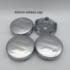 Two 60mm silver wheel caps shown on a white background.