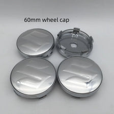 Two 60mm silver wheel caps shown on a white background.