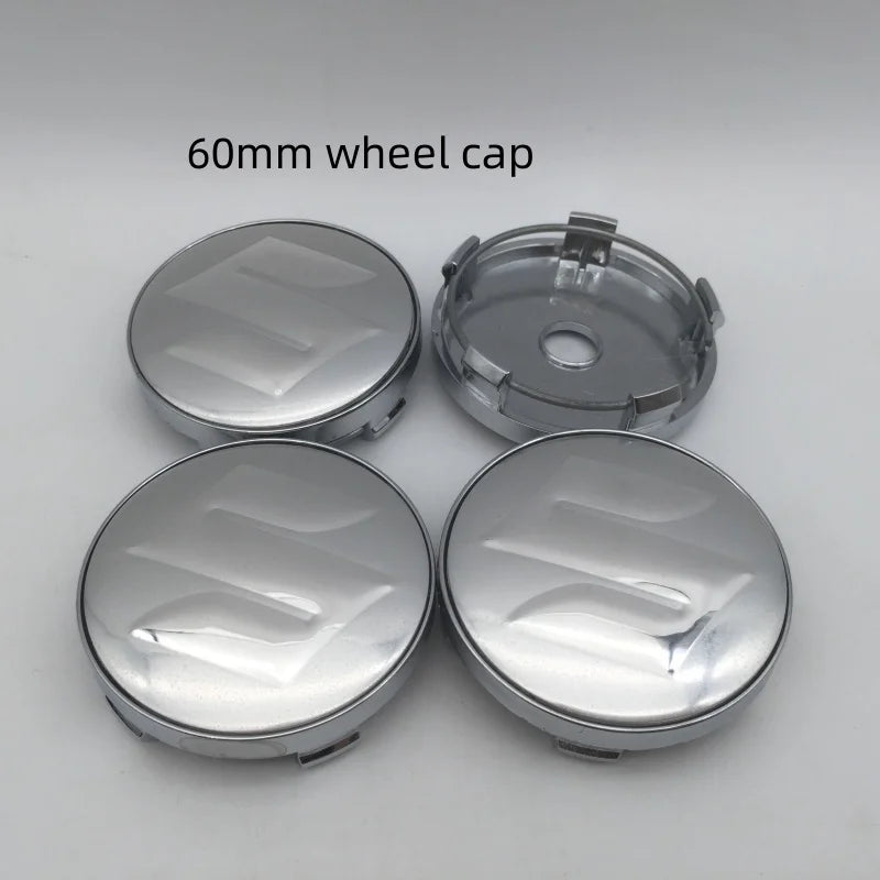 Two 60mm silver wheel caps shown on a white background.