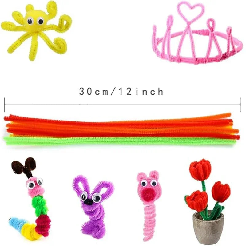 Assorted chenille stems craft set featuring a yellow hand, pink crown, and various colored stems.