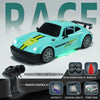 A light blue RC drift car with a rear spoiler and various accessories like a remote control, battery, and charging cable.