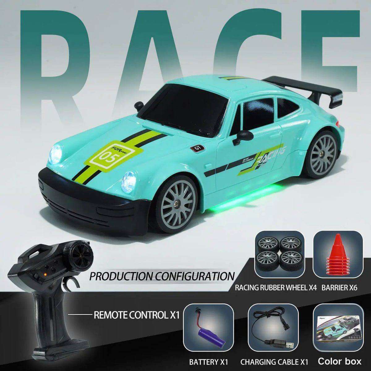 A light blue RC drift car with a rear spoiler and various accessories like a remote control, battery, and charging cable.