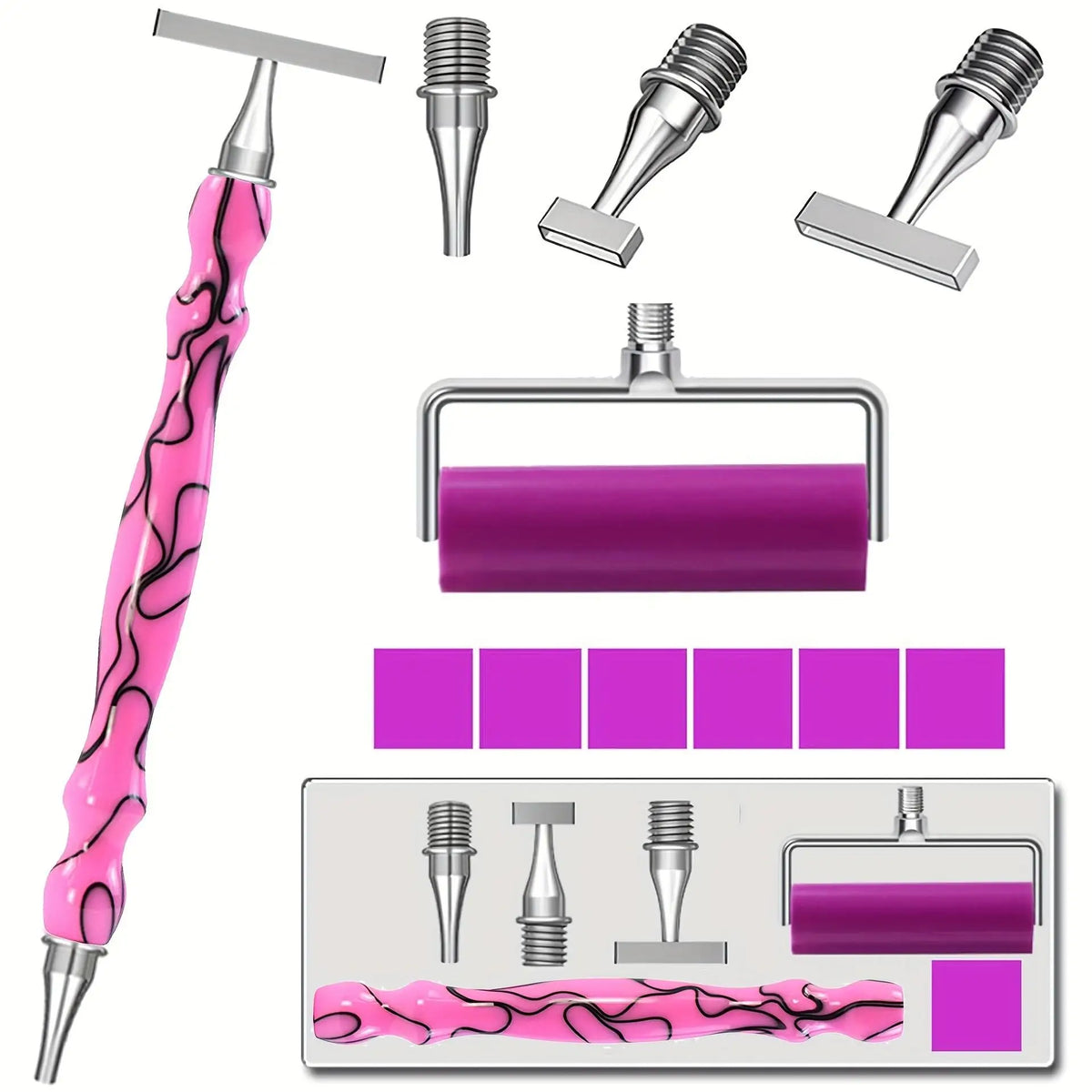 A set of 11 diamond art pens featuring interchangeable tips and wax, including a pen body and various metal tips.
