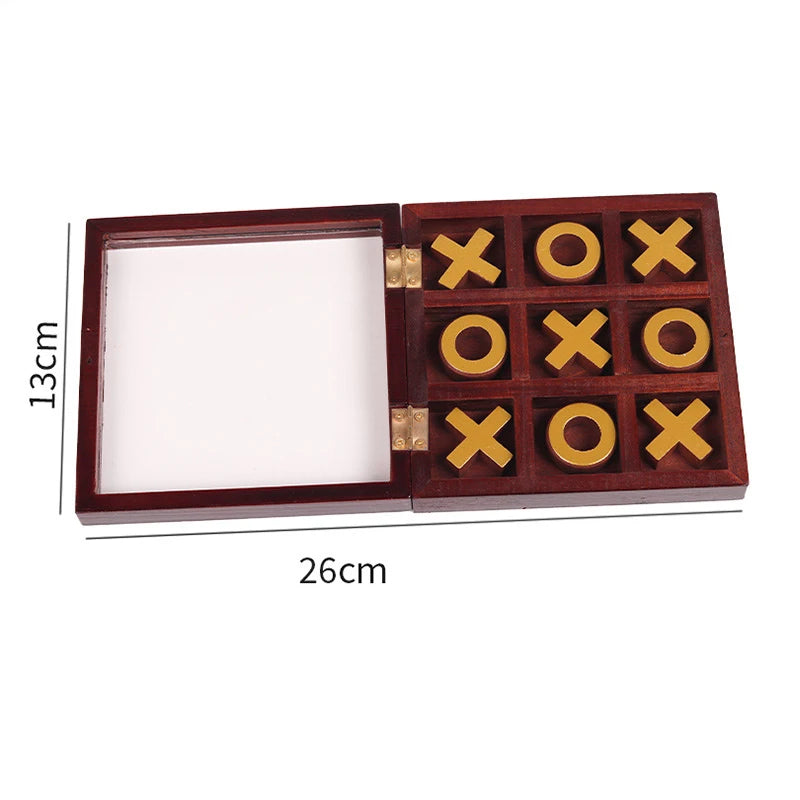 A wooden tic tac toe strategy game board with carved X and O markers.