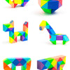 A colorful magic snake cube 3D puzzle fidget toy shown in various shapes and angles.