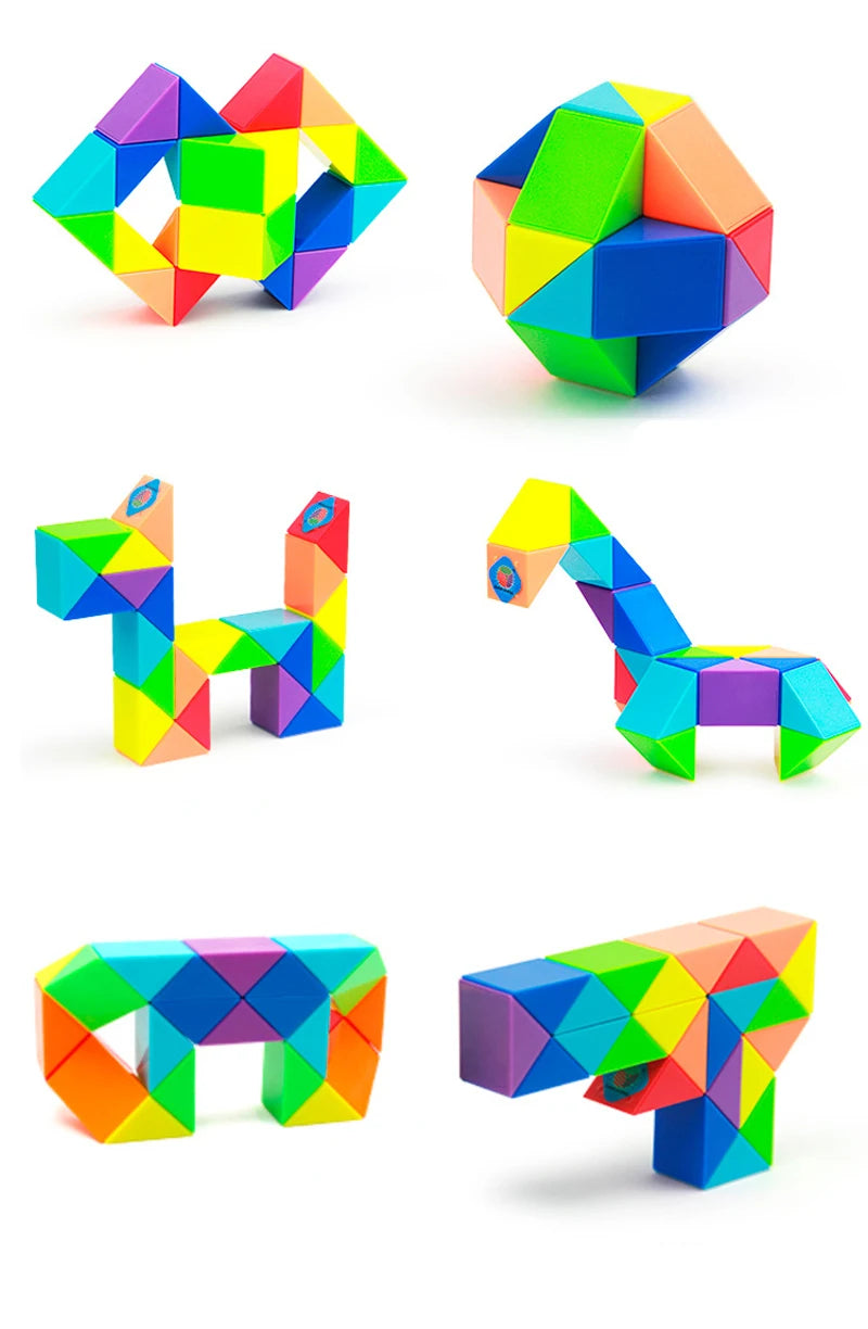 A colorful magic snake cube 3D puzzle fidget toy shown in various shapes and angles.