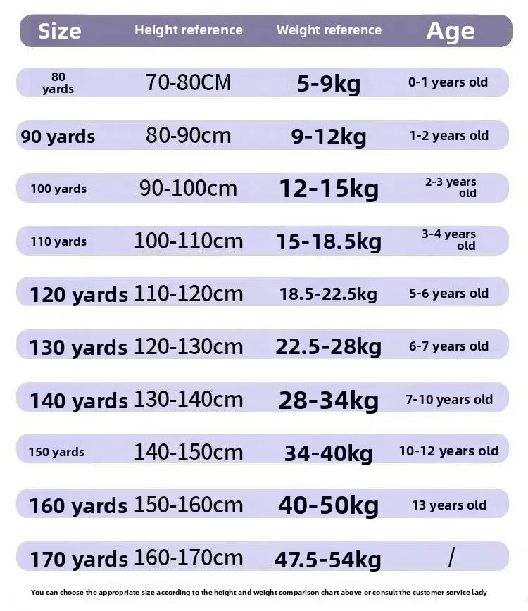 Comparison chart showing sizes, height references, and weight references for children's pants.